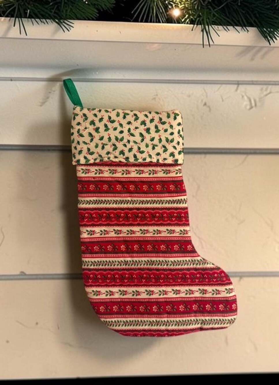 Vintage Handmade Patchwork Quilted Christmas Stocking Red Green Country